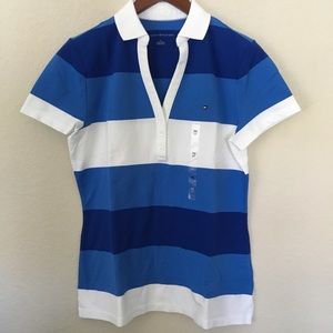 Tommy Hilfiger blue and white v-neck collared top